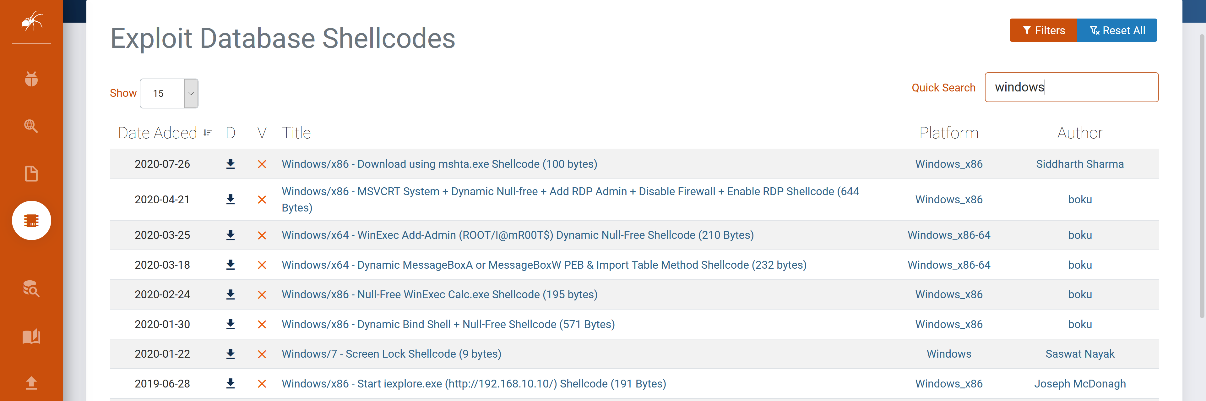 shellcodes available on exploit-db
