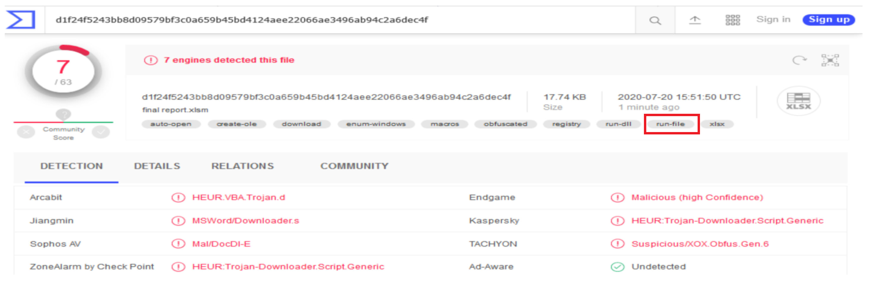 Virustotal catches file