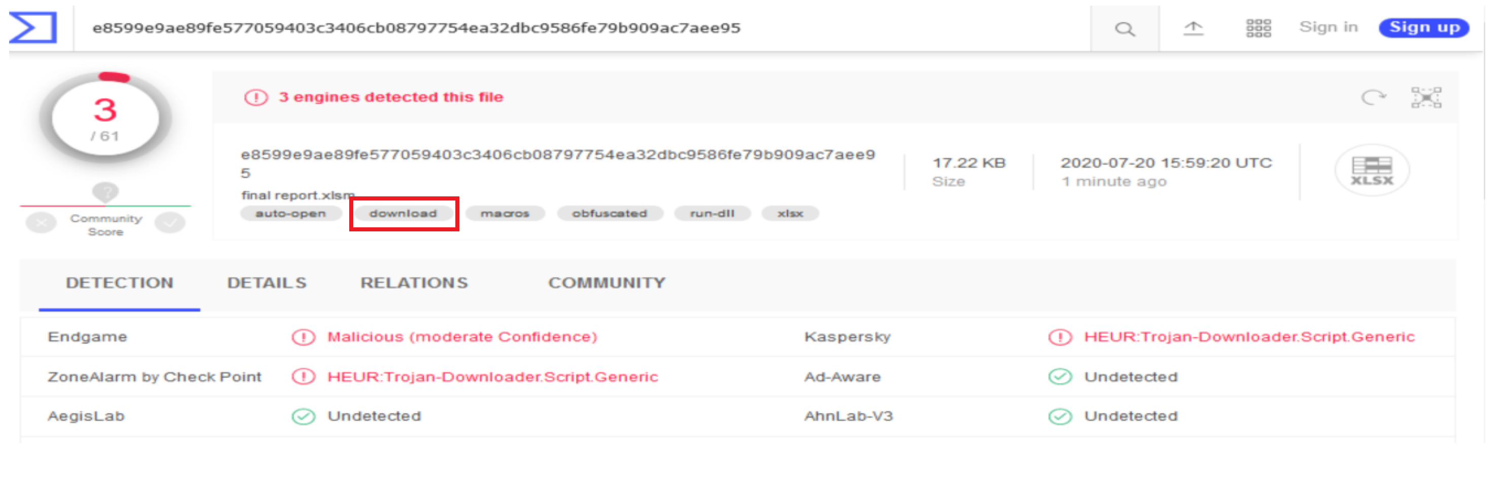 VirusTotal labels the malicious file