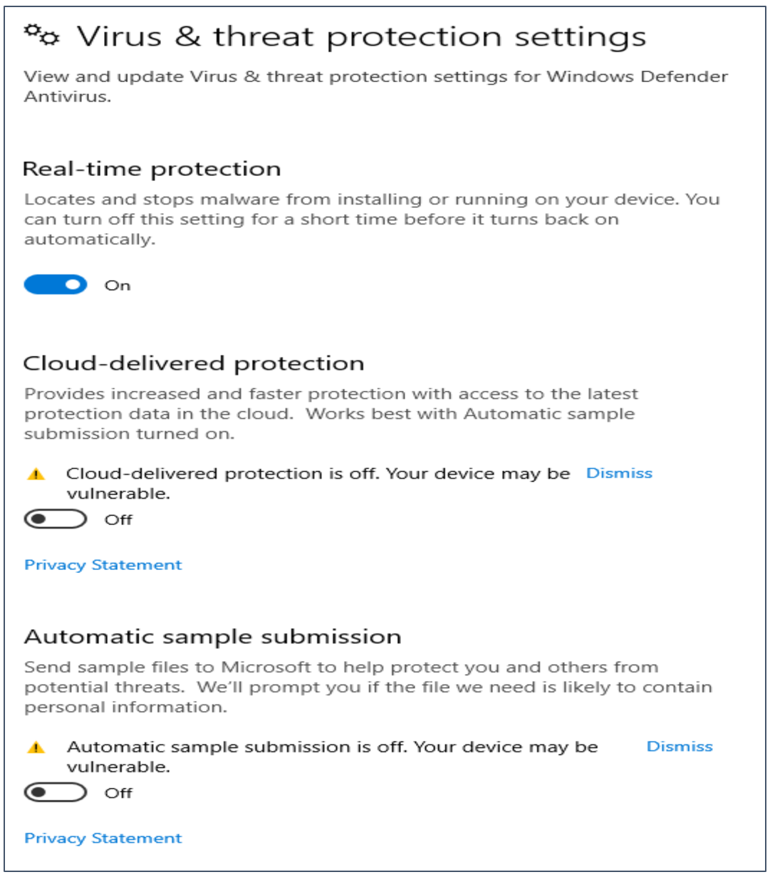 Windows Defender settings